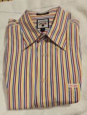 Faconnable Multistripe Cotton Dress Shirt — Yellow, Blue, Red